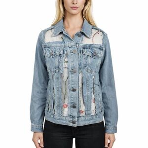Davi & Dani Embroidery Mesh Jean Jacket Floral Light Wash Boho Womens Size S